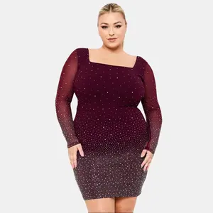 Gloria Long Sleeves Ombre Rhinestone Mesh Plus Size Mini Dress Womenswear