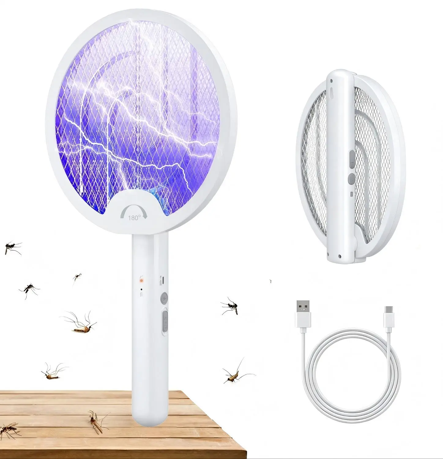 Electric Fly Swatter with Purple Attractant Light, 4000V Foldable Bug Zapper Racket with USB Rechargeable 1200mAh for Indoor Home Backyard Patio Camping