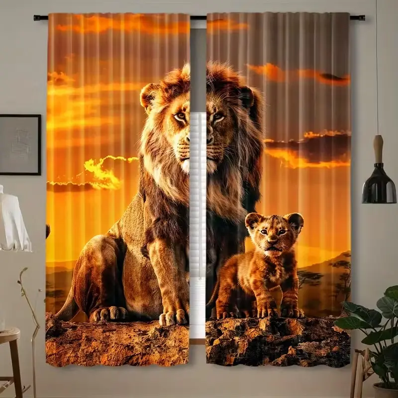 2 Piece African Hunting Lion Print Curtains, Woven Polyester Spring Satin Semi-Transparent Rod Pocket Curtains, Animal Theme Home Decor Window Curtain
