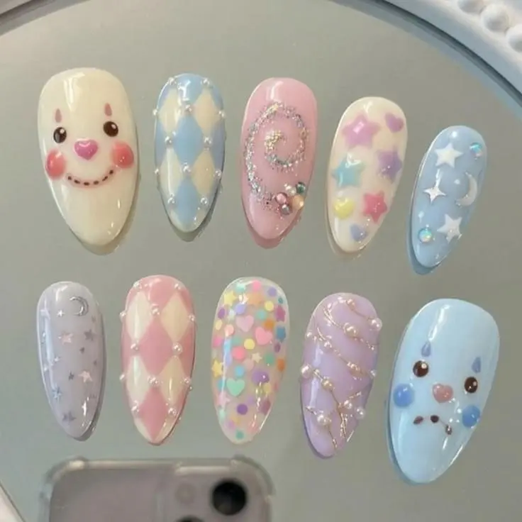Handmade Kawaii Circus Pierrot Press On Nails | Fairy Kei 3D Clown Harlequin Pearl Pastel Fake Nails with FREE Adhesive Tabs FREE Nail File FREE Cuticle Stick