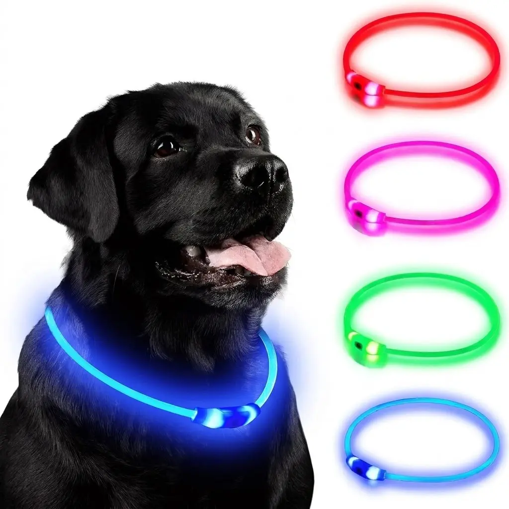 Croppable LED Dog Collar - Rechargeable Lights, IP67 Waterproof, Adjustable, Strobe Function, Reusable Safety Collar for Night Walking Visibility, Fits Small, Medium, Large Dogs (Red, Pink, Green, Blue)