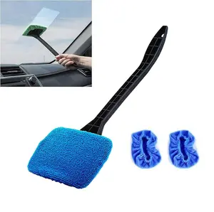 1 Brush + 2 Heads Car Window Cleaner (Blue) - Reusable Interior Cloth Pad, Windshield Washing Tool