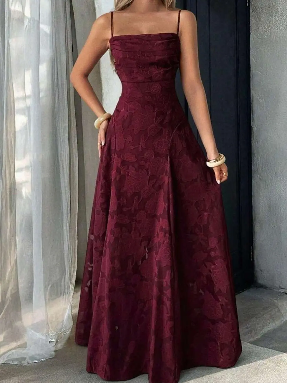 Women's Floral Jacquard Maxi Dress, Spaghetti Strap Lace Up Back A-Line Gown, Elegant Wedding Guest Dress for Date Night, Graduation, Formal Party, Summer & Fall Outfit
