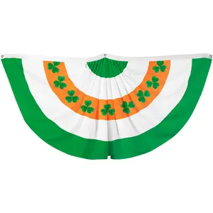 G128 Ireland Irish Shamrock Pleated Fan Flag | 1.5x3 Ft | Printed 150D Polyester | St. Patrick's Day Decor, Indoor/Outdoor, Vibrant Colors, Brass Grommets