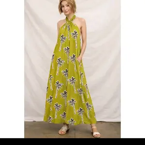 Palm Print Maxi Dress in Vibrant Green with Halter Neck and Flowing Silhouette for Summer
