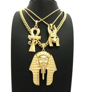 3PC HIP HOP KING TUT PHARAOH & ANKH & ANUBIS EGYPTIAN PENDANT 20" & 24" CHAIN NECKLACE SET