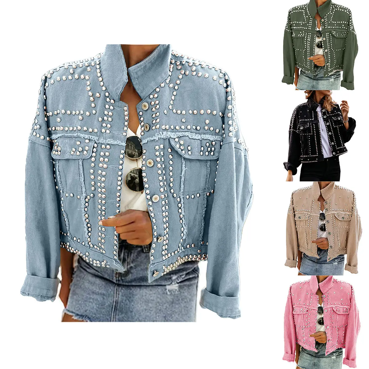 Ommig Women's Long Sleeve Button Denim Jacket - Minimalist Basic Tops, Rivet Studded, Washed Pearl Short Jean Coat Outerwear