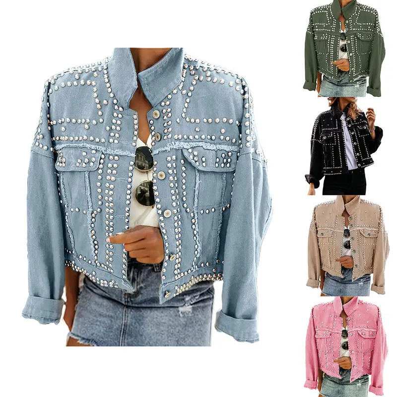 Ommig Women's Pearl & Rhinestone Studded Washed Denim Jacket - Long Sleeve Button-Up, Casual Short Loose Fit, Breathable Minimalist Basic Outerwear for Women's Fashion Tops, Longsleeves