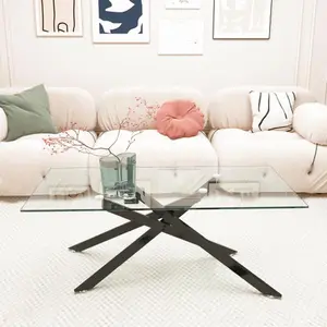 Clear Glass Coffee Table 39.37" Rectangular With Black Metal Frame For Home Office Or Study Scratch Resistant Top Easy Wipe Clean Quick Assembly