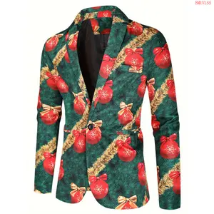 Bmuvlss Men's Festive Christmas Digital Print Blazer - Casual Polyester Suit Jacket with Pockets, Machine Washable