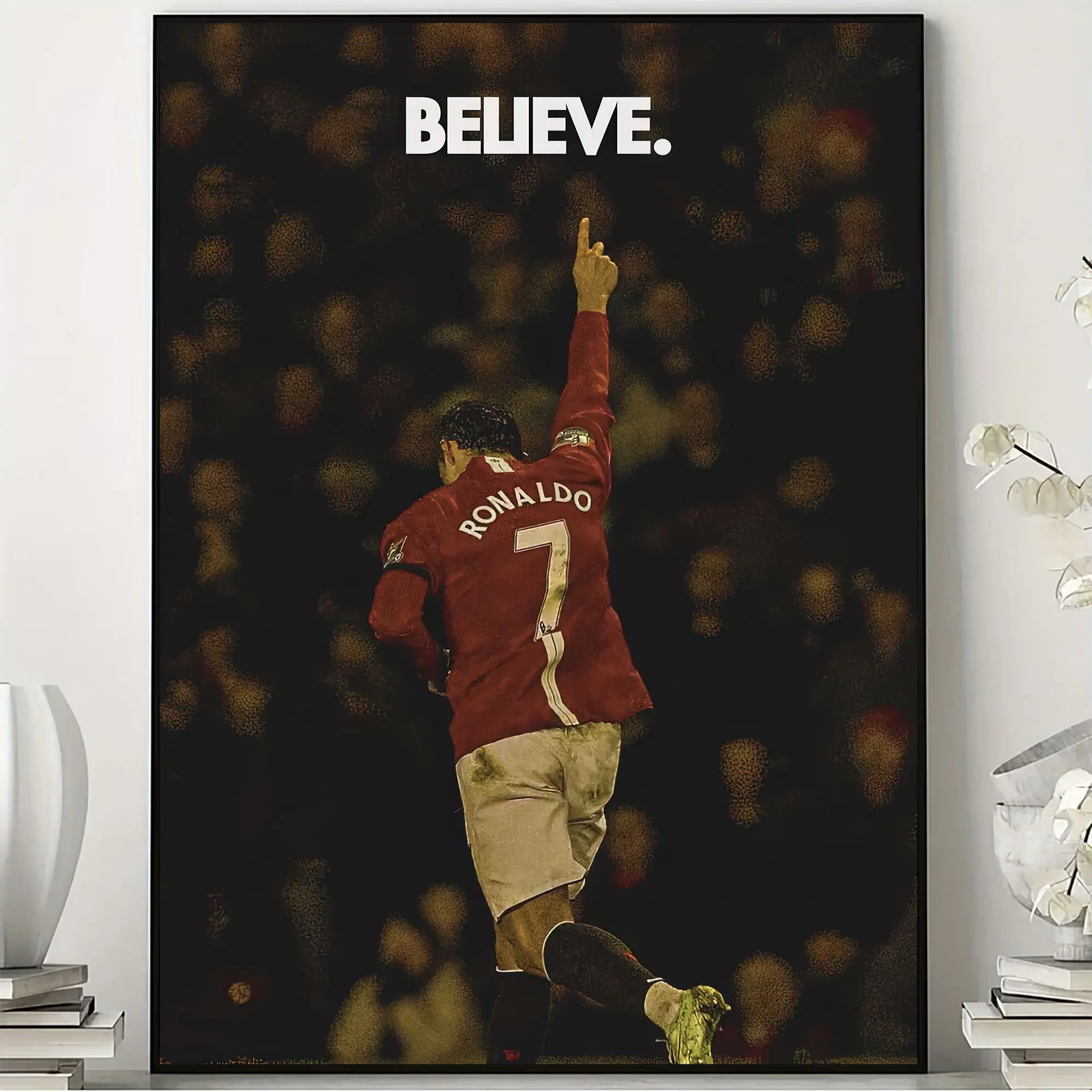 CR7 Believe Poster,  Soccer Legend Wall Art, Inspirational Red Jersey Football Print