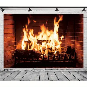 Realistic Flaming Fireplace Backdrop - Vinyl Photography Background with Burning Firewoods and Wooden Bricks, Ideal for Winter Theme Parties, Christmas & New Year Decorations, Family Group Photos |   Polyester, Peach Skin Fabric, Horizontal Orientation, H