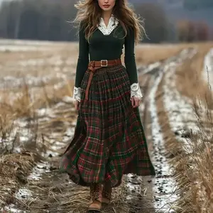 Autumn Winter Plaid Flared Long Dress Vintage V-neck Long Sleeve Pastoral Style Dress