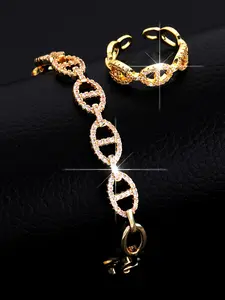 Stylish Copper Zircon Accents 18k Gold-Plated Geometric Shape Oval Bracelet & Ring Set, Unisex Jewelry for Daily Wear, Gift Ready, Quality Material, Jewelry Sets