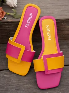 Women's Flat Square Toe Sandals, Comfortable Versatile Design, Colorblock Style, fashionable sandals, Casual Vacation Fashion Beach Slippers, Cruise Flip Flops