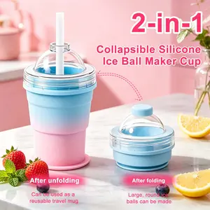 Silicone Freezer Cup with Lid 2-in-1 Collapsible Silicone Ice Ball Maker Cup Portable Ice Sphere Mold with Straw & Lid, Leakproof Travel Tumbler,Large Ice Cube Freezer Molds - Soup, Sauce, leftovers, Homemade Meal Prep Freezing Kitchen Utensils