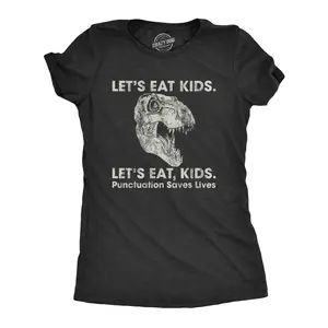 Womens Lets Eat Kids Punctuation Saves Lives T Shirt Funny Dinosaur Grammar Police Graphic Tee Funny Womens T Shirts Cute Vintage Fashion Casual Ladies T-Shirt Gift Food Tops for Women Funny Dinosaur Top Black