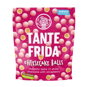 Tante Frida Cheesecake Balls in White Chocolate with Strawberry - Crispy Wheat Balls in 74% White Chocolate - Real Chocolate No Palm Oil