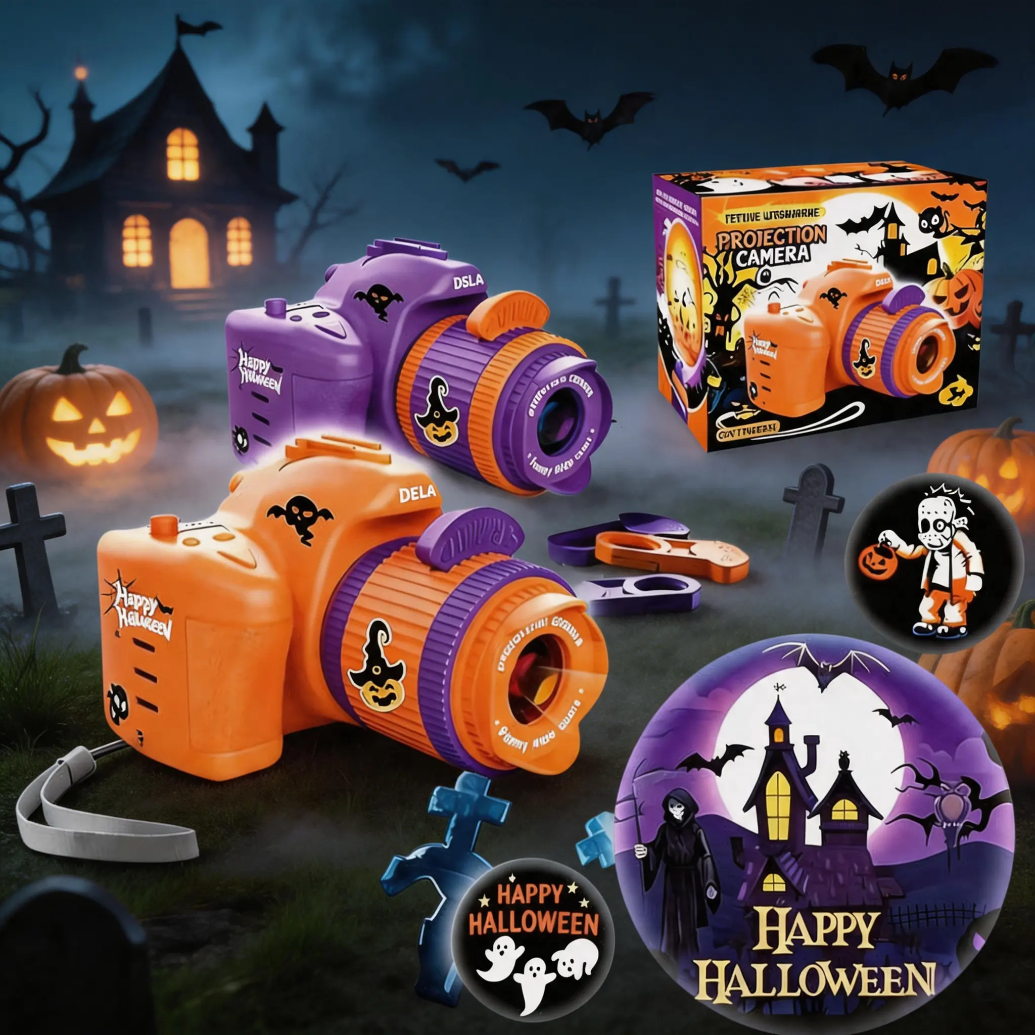 Mini kids' projector camera, Holiday Pattern Projector Flashlight Toy，including pumpkins and ghosts multiple patterns. A cool gift or cosplay prop for boys and girls at Halloween party