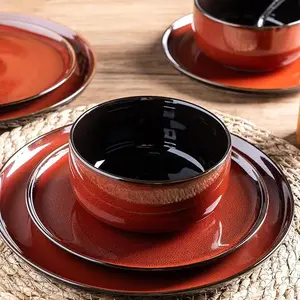 Ceramic Dinnerware Sets,12-Piece Plates and Bowls,Handmade Reactive Glaze Dishes Set,Chip Resistant and Scratch Resistant | Oven&Dishwasher & Microwave Safe,Service for 4-Red Cutlery Tableware