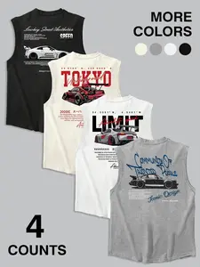 Four-Color Modified Car Print Sleeveless Vest Set, American Street Style Jdm Sports Top, Loose-Fitting Cartoon Pattern, Sports Vests
