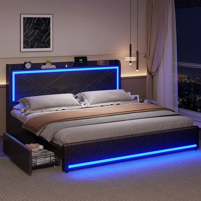 Sikaic King Size LED Upholstered Platform Bed Frame With Charging Station Black Furniture Home Headboard Modern Bedroom Set