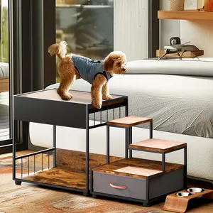 Cat & Dog Window Perch Bunk Bed with Carpeted Stairs Toy Drawer, Multi-Tier Elevated Pet Platform with Removable Washable Pad, Vintage Wood Design for Small to Medium Pets, Safe Non-Slip Steps for Easy Climbing, Indoor Use, Holds 90 lbs puppy furniture