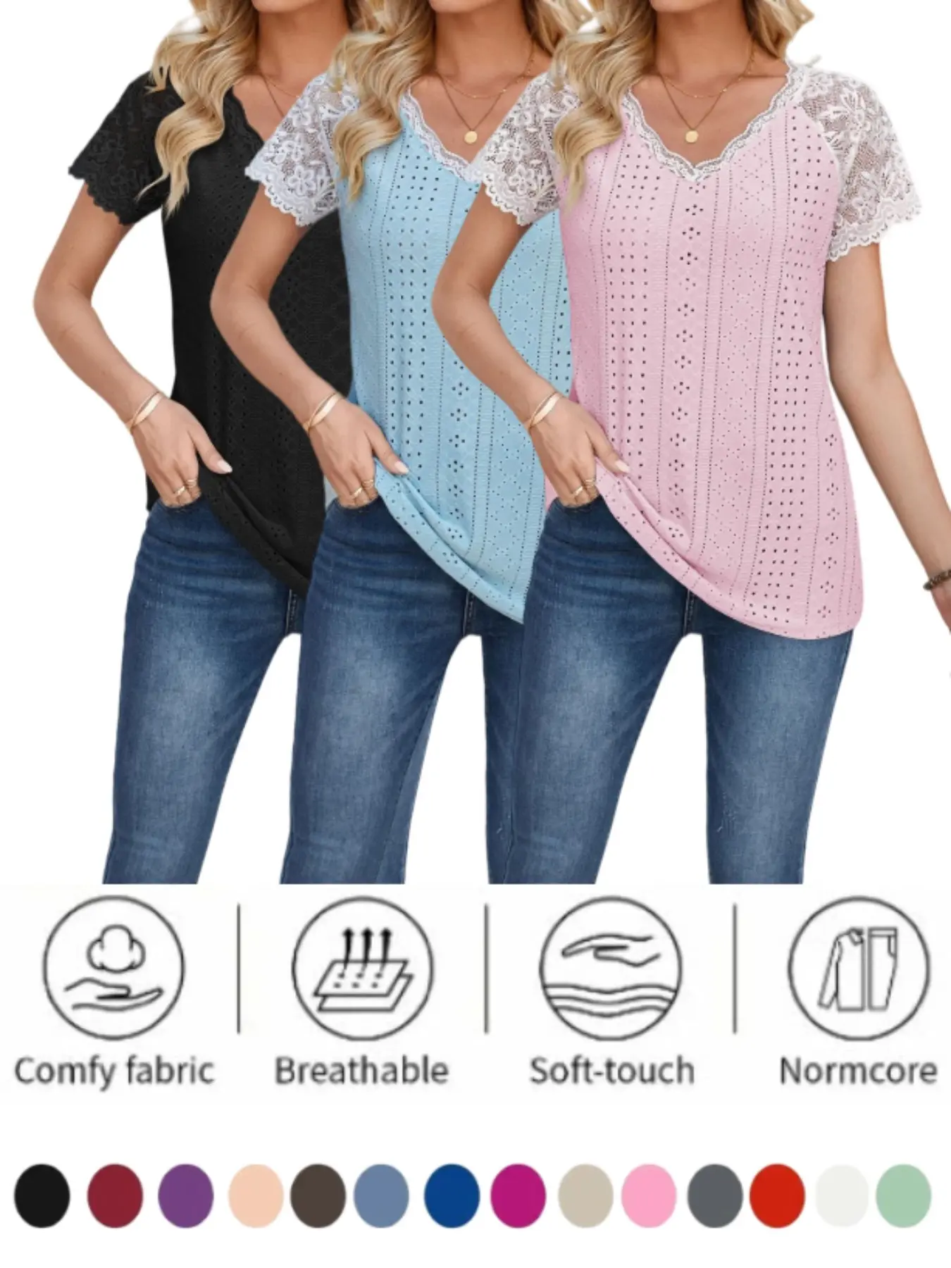 2026 V Neck Lace Patchwork Loose Fit Casual Chic Aesthetic Summer Mesh T-Shirt, Women's Fashion Top, Comfortable, Breathable and Stylish, Perfect for Daily Wear