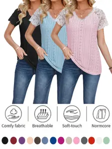 2026 V Neck Lace Patchwork Loose Fit Casual Mesh T-Shirt, Women's Fashion Top, Comfortable and Stylish, Perfect for Daily Wear