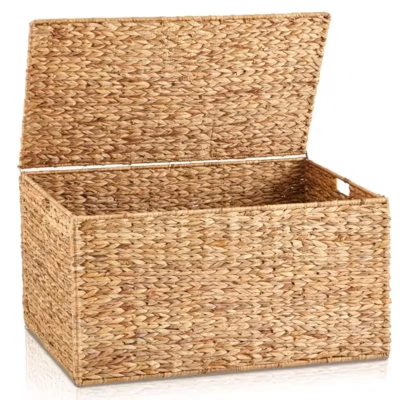 18. 5 Inch Water Hyacinth Wicker Storage Trunk with Metal Frame, Heavy Duty Storage Chest with Lid Large Rattan Basket for Blankets, Seasonal Clothes, Extra Bedding, Storage Boxes for Organizing