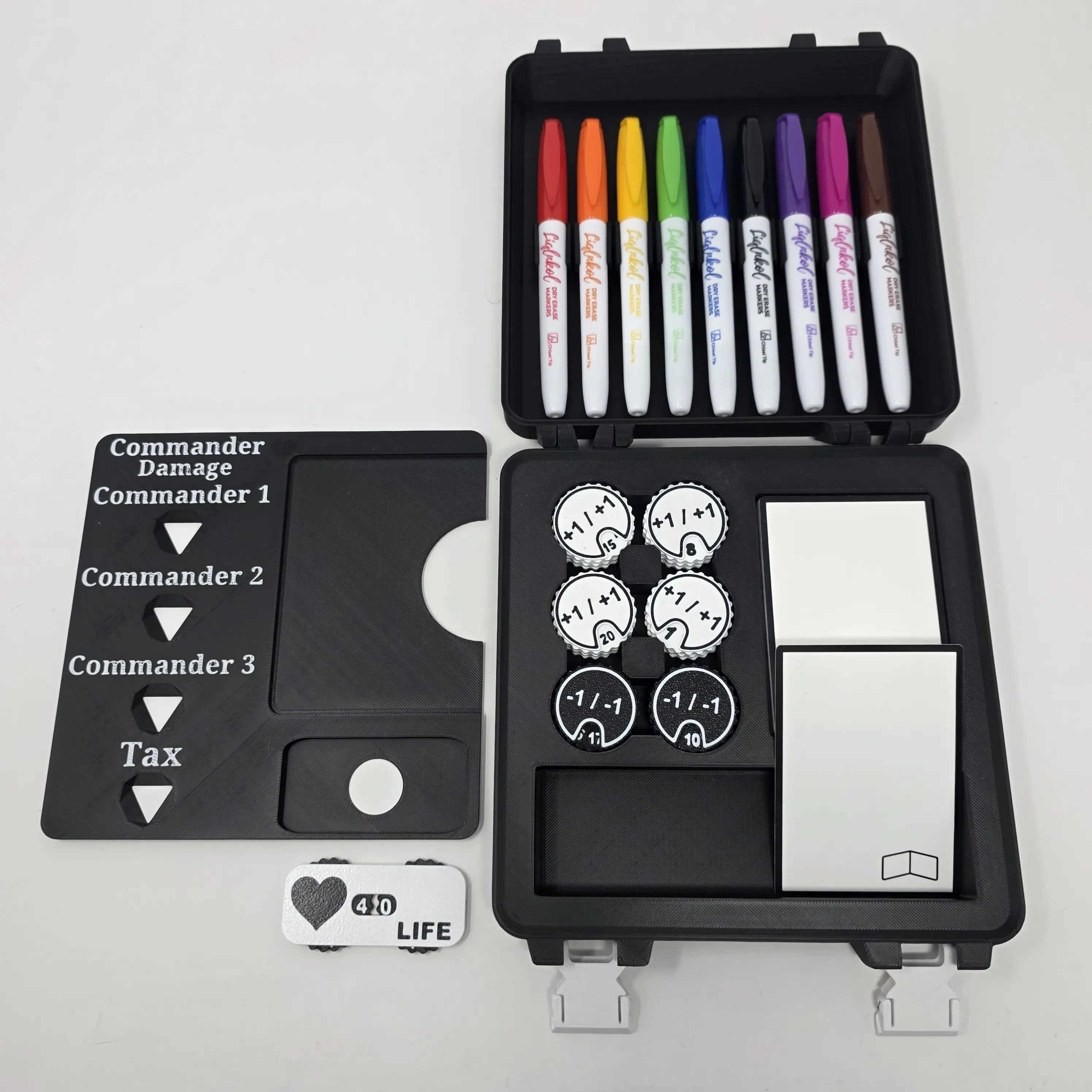 3D Printed TCG Commander Station Organizer - Card Games Accessory with Dice Tray, Life Counter, Command Zone Tracker, 20 Reusable Dry Erase Tokens, Dry Eraser, Track Life Totals, Portable Tabletop 3D Printed Storage, Compact