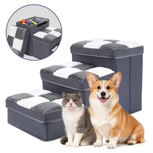 15.4''Dog Stair with Storage, Foldable 3-Step Pet Stairs for Small Medium Dogs Puppy, Cats, Non-Slip Puppy Stairs up to 200LBS, Dog Stairs for Couch with Soft Cover, Lightweight,Indoor(Grey)