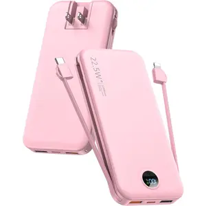 Portable Charger Power Bank, 12000mAh 22.5W USB C Power Bank Fast Charging with Built-in Cables and Wall Plug, Travel Essential Battery Pack with LED Display Compatible with iPhone, iPad, Samsung Pink