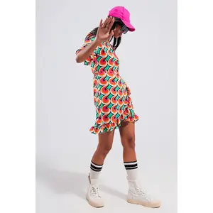 Wrap ruffle hem mini dress in 70s orange print