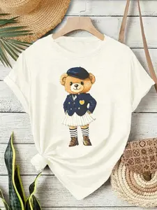 Women's Bear Print Round Neck Tee, Casual Short Sleeve Crew Neck T-Shirt for Summer, Fashion Women's Top for Daily Wear