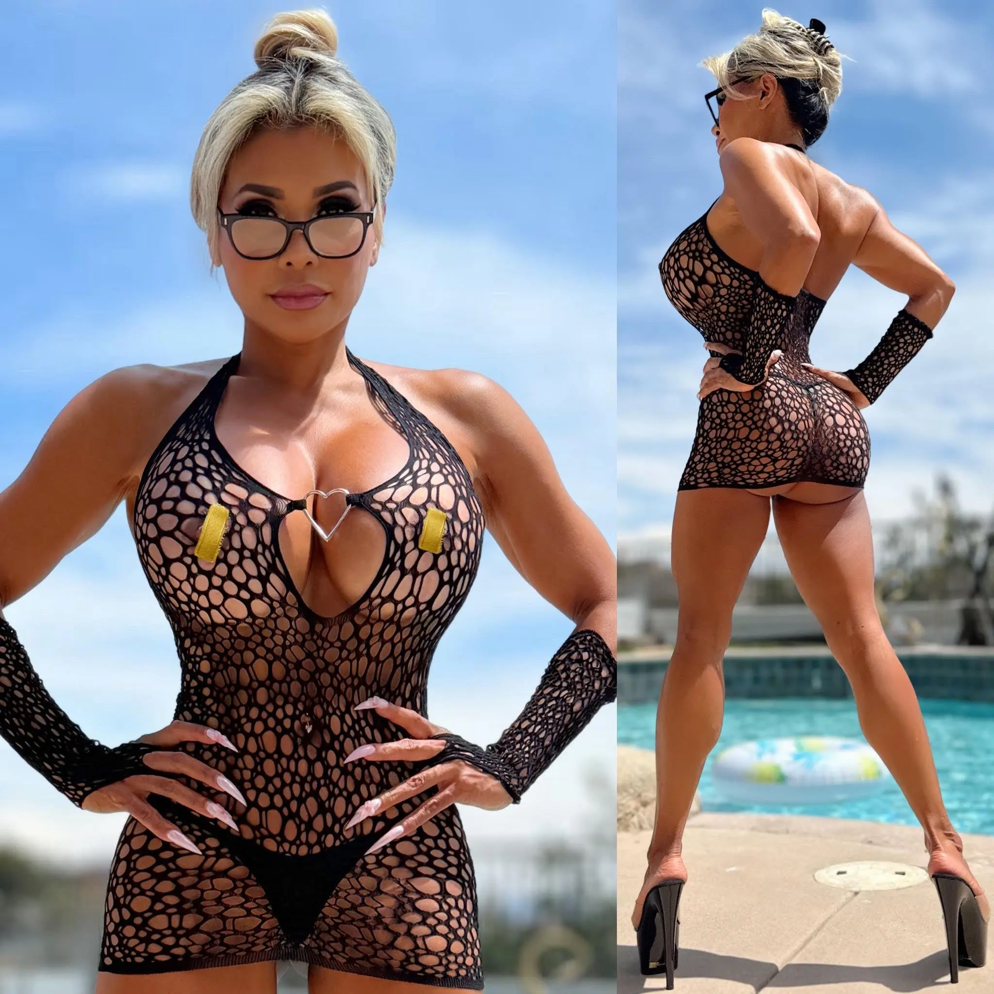 Connie's  LIMITED 3 Pc SET🥂🍾 "🖤BLACK LOVE TRAP🖤" GOLD Heart Accent, Thong and Mittens Included, Sinfully See Thru Champagne Room 🥂🍾 Mini set