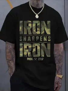 Men's Iron Sharpens Iron T-Shirt, Camo Print Proverbs 27:17 Christian Workout Shirt, Military Tactical Style Gym Tee, Faith Based Fitness Apparel for Bodybuilders, Veterans & Christian Men