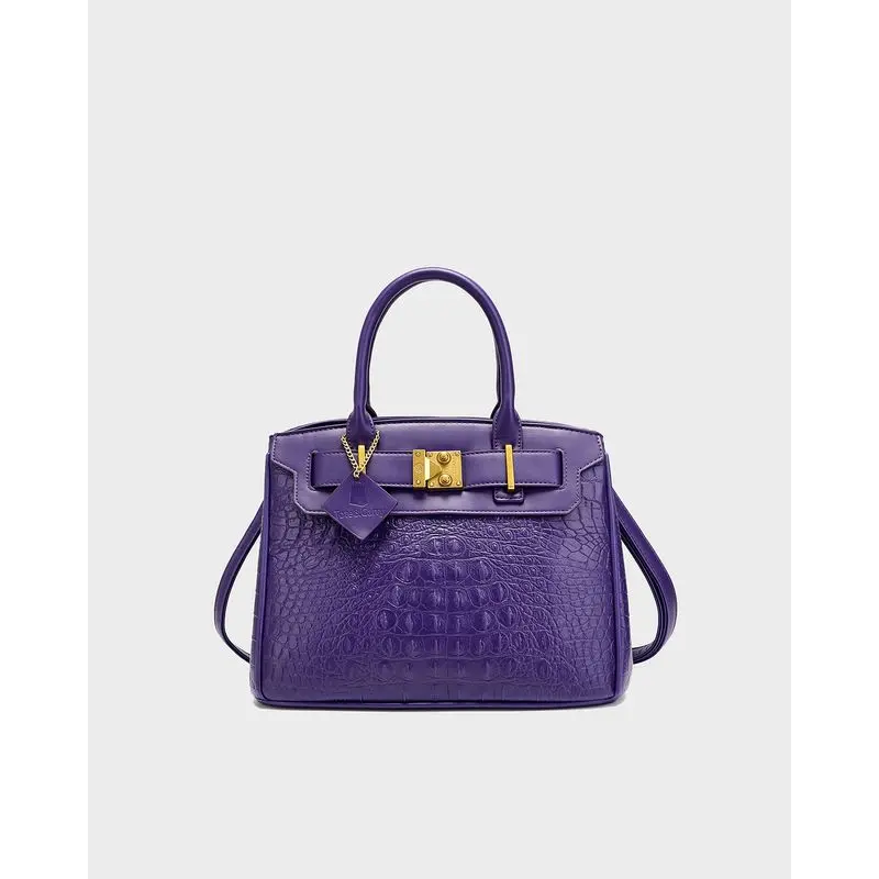Women's Purple Luxury Statement Tote Bag, Executive Status Accessory with Structured Design, Turn-Lock Closure, Belted Detail for Boardroom Presence