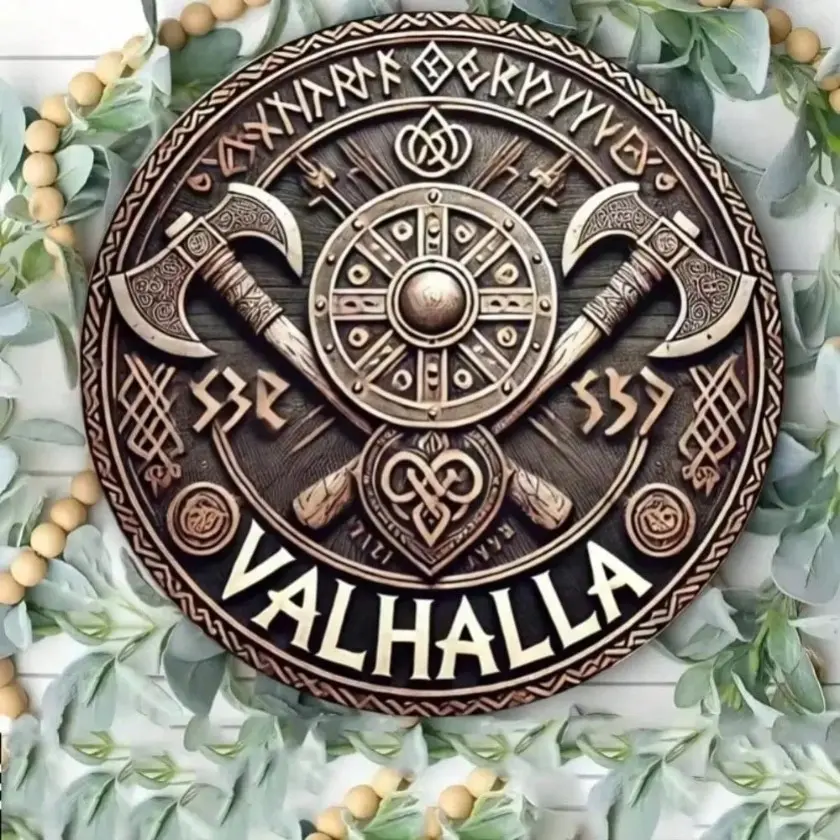 Aluminum Viking Mythology Circular Logo Painting Vintage Retro Wall Art for Timeless Elegant Home Decor