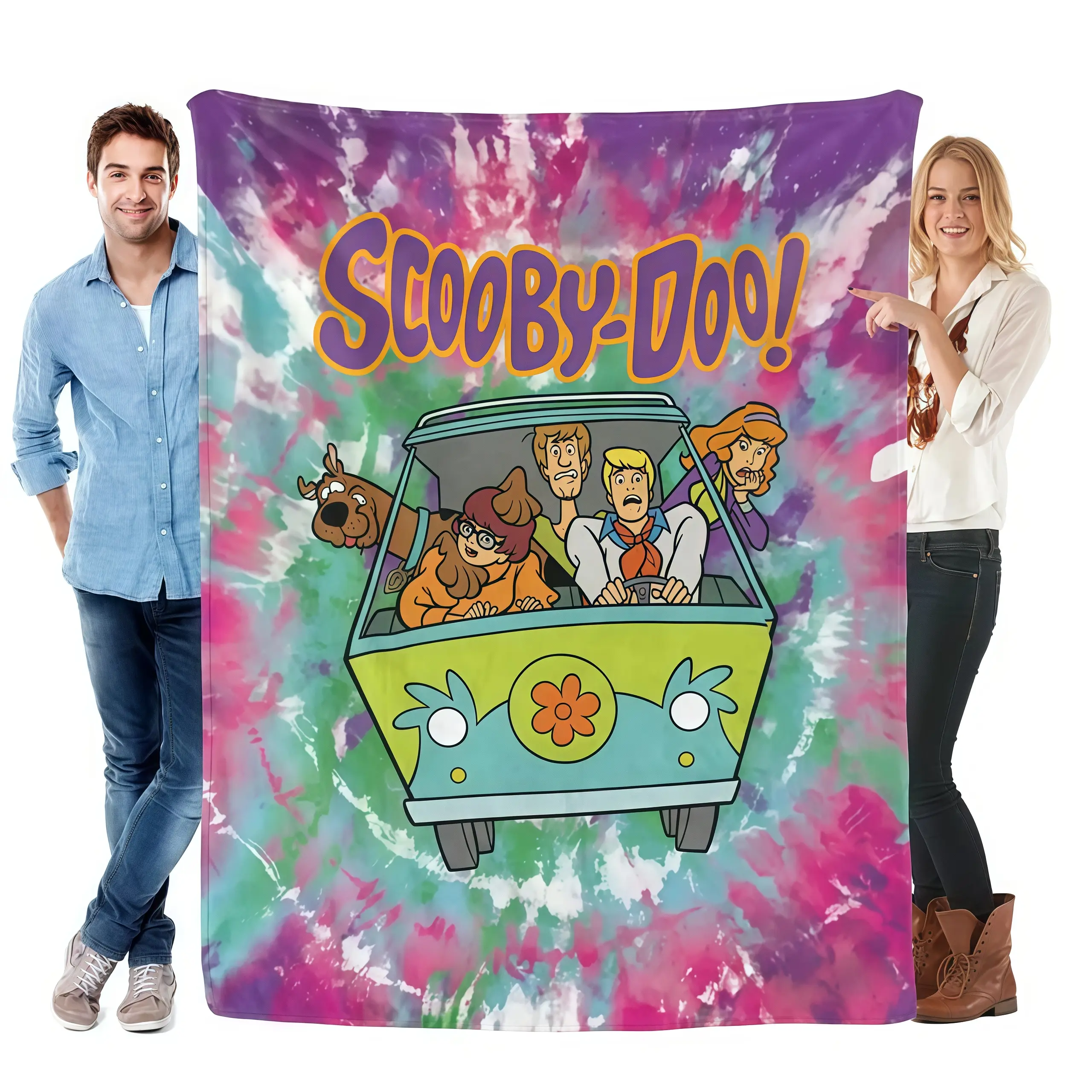 Scooby Doo Tie Dye Flannel Blanket Scooby Doo Mystery Machine Gang Throw Pink Purple Teal Tie Dye Background Blanket Soft Cozy Fleece Throw Warm Blanket Couch Bed Gift Scooby Doo Fans Kids Air Conditioning Summer Dorm Bedroom Back to School
