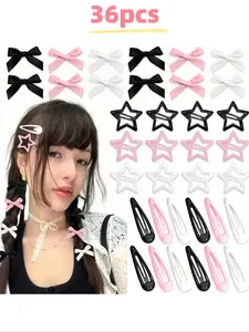 36 Pcs Bow Hair Clips Star Shape Women Accessories, Barrettes Hair Clips, Y2K Hip Hop Style Resin Glitter, Anti-Slip Satin Water Drop Design