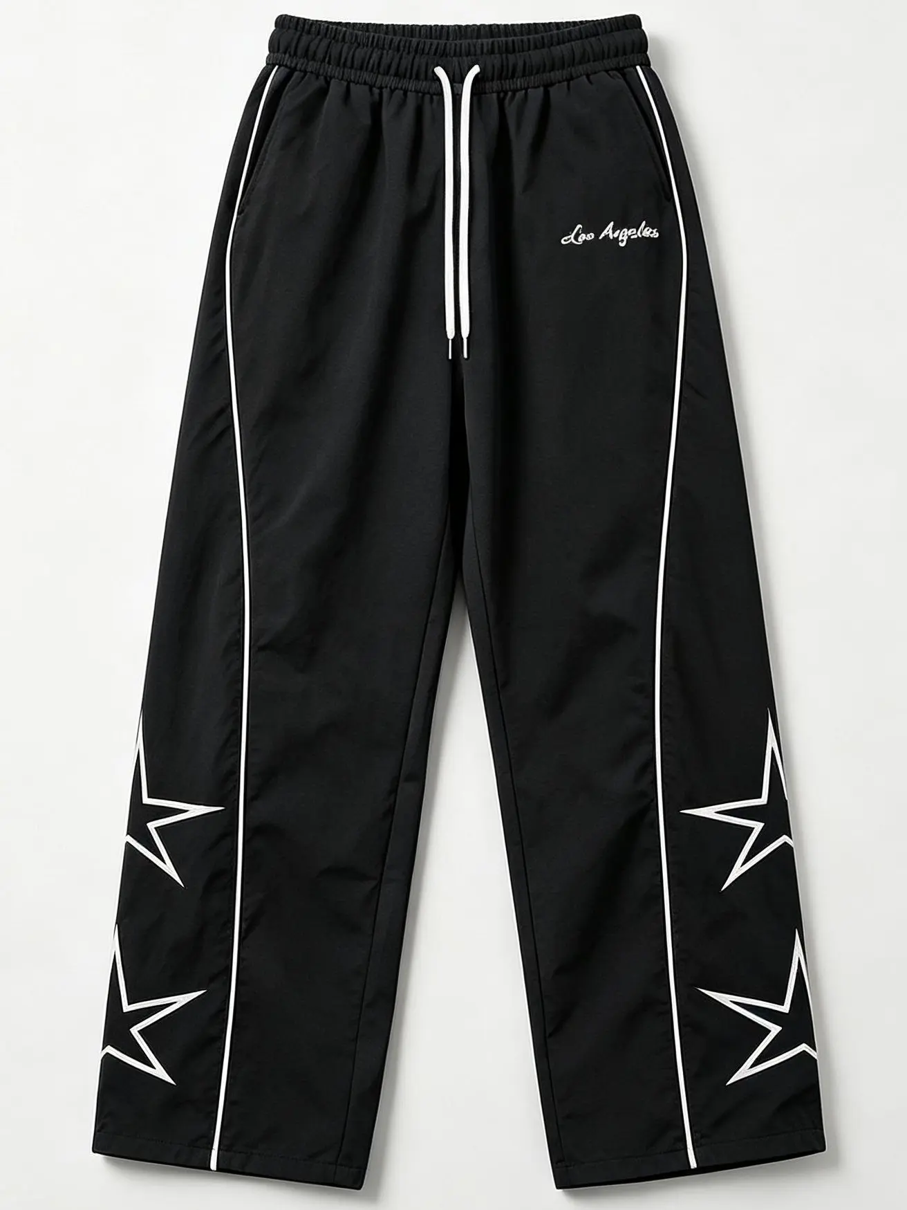 Men’s Y2K loose-fit parachute pants with star print, wide-leg athletic trousers featuring an elastic drawstring waist and street-style design; retro American men’s wide-leg windproof pants; star pattern loose casual parachute long pants with drawstring; h