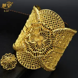 XUHUANG Ethiopian Plated Cuff Bangle With Ring Nigerian Wedding Bridal Copper Bracelet Jewelry Gift Arab Hawaiian Luxury Bangles