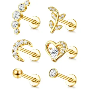 FINREZIO 6 Pcs Golden Exquisite Cartilage Earrings for Women Men Versatile Stainless Steel Ear Studs Internally Threaded CZ Moon Heart Leaf Earrings Helix Tragus Conch Labret Monroe Lip Piercing Jewelry Set