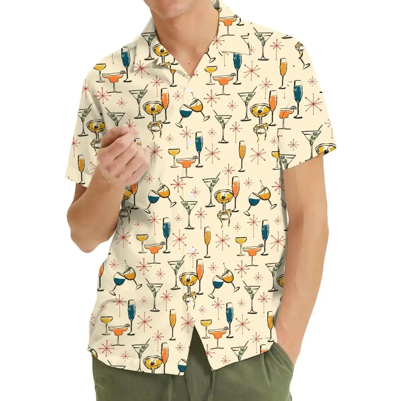 Vintage Cocktail Hawaiian Shirt, Retro Drink Pattern Button Up Shirt, Party Aloha Shirt with Martini and Champagne Gift For Frends, Fans