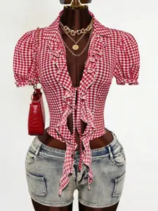 American Retro Sexy Ceiling! Plaid Peter Pan Collar Tie Shirt Blouse, Bubble Sleeve + Deep V Design, Slim Short Style, Y2K Sweet Hot Look