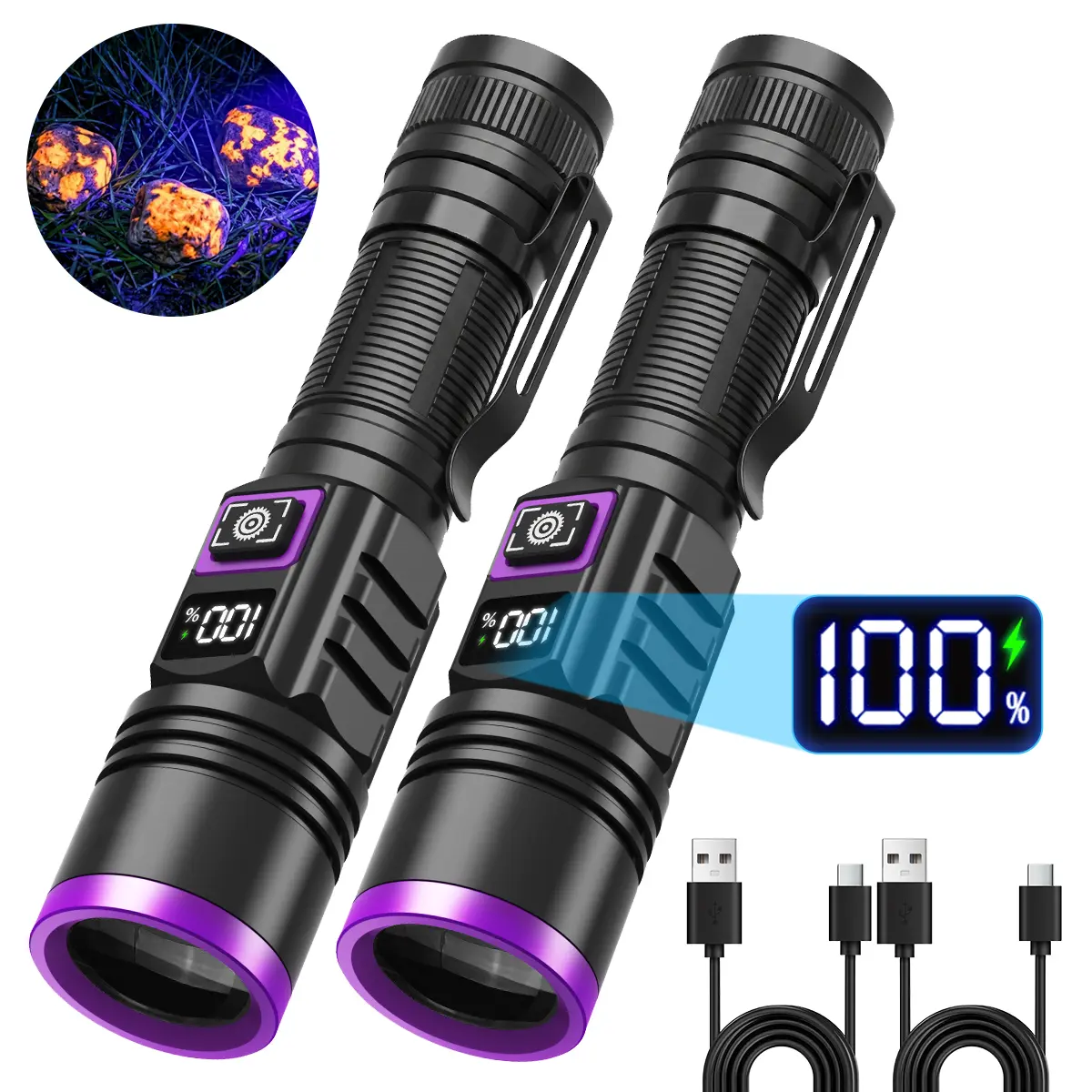 365nm Black Light UV Flashlight - Type-C Rechargeable UV Torch with LCD Digital Power Indicator, Pet Urine Detector for Dogs & Cats, Scorpion Detection