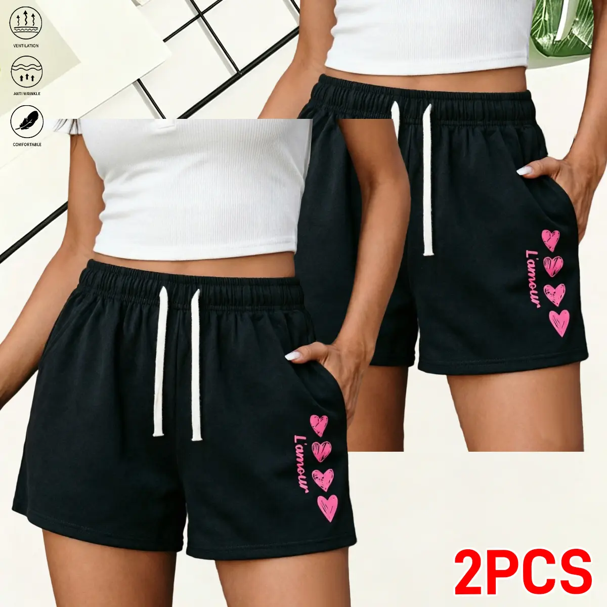 Women’s polyester casual two-piece shorts set — skin-friendly, breathable athletic shorts with a high-stretch waistband and drawstring design; cute pink heart letter print pockets; wrinkle-resistant, loose fit for summer bottoms.