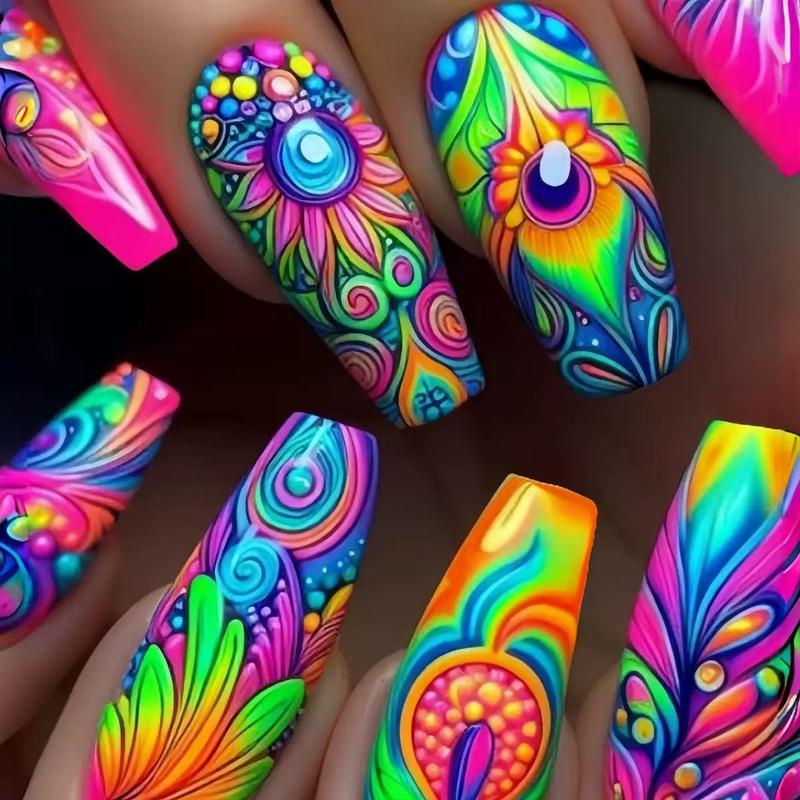 (216 Pieces) 9 Sets of Vibrant Press-On Nails - Mixed Colors, Floral, Cosmic, and Geometric Patterns, Medium Almond Shape, Glossy Surface - Diverse Styles, Fashionable Nail Art, Vibrant Nail Art | Pattern Embossing | Complex nail designs, nail accessories