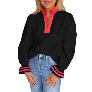 Striped Trim Ruffle Split Neck Long Sleeve Blouse